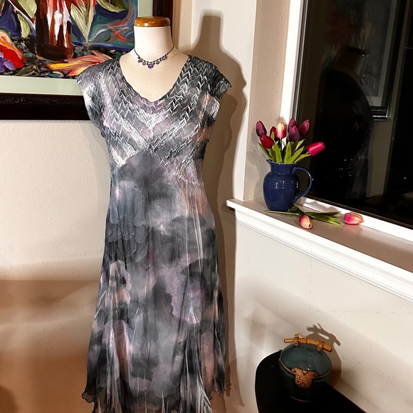 Komarov Dress & Eileen Fischer Silk Jacket Set - 50 Shades of Gray/ Blue/ Pink - Picture 10 of 14